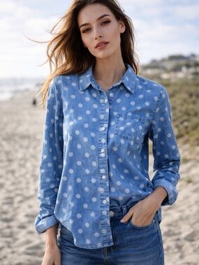 Crown & ivy Blue Polka Dot Chambray Button-Down Shirt